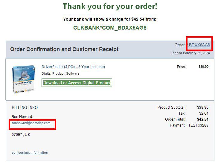 ClickBank Receipt Example